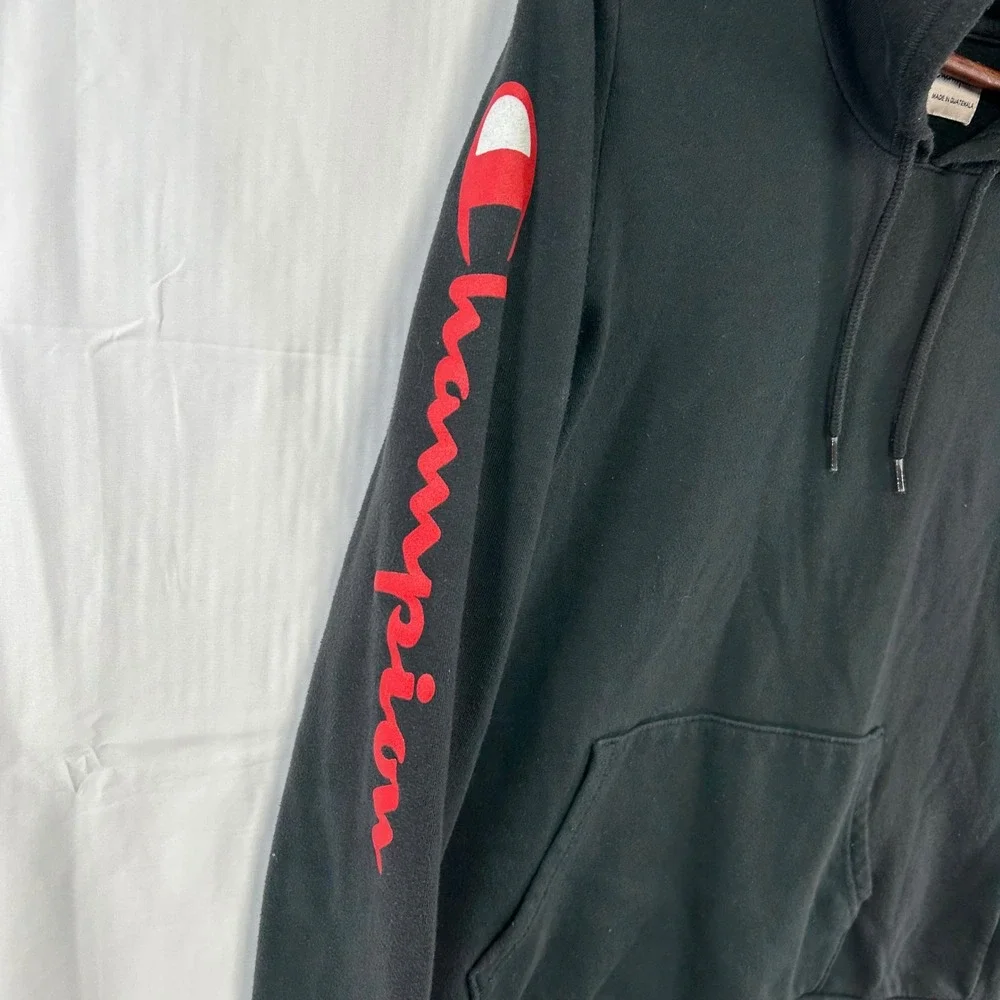 Champion Hoodie Youth Boy Large Black Red Script Sleeve Logo Pullover Sweatshirt